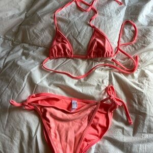 American Apparel Neon Coral Pink Triangle String Bikini